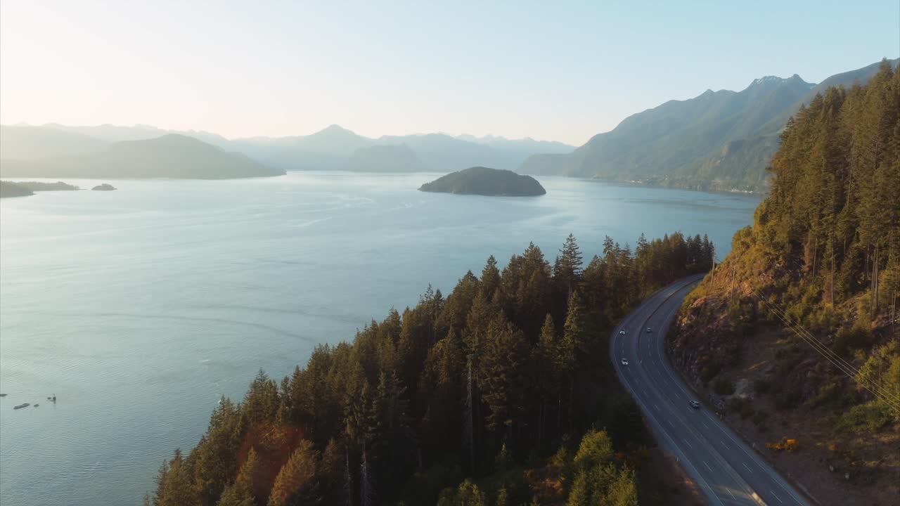 Aerial view of trans-Canada Highway along Horseshoe Bay, West Vancouver, British Columbia
