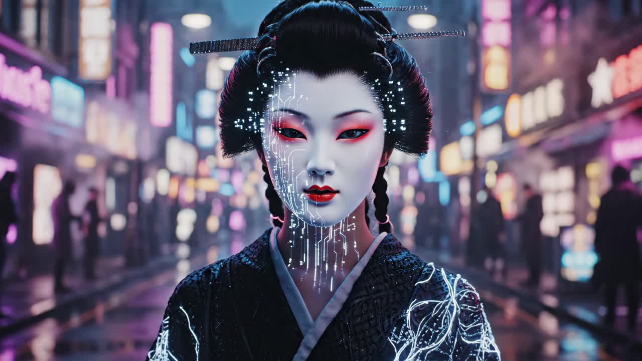 Cyberpunk-geisha futuristisessa kaupungissa
