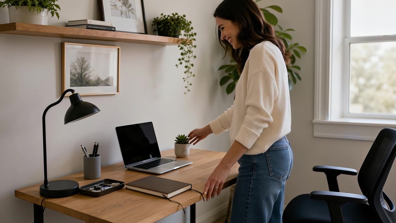 Jovem mulher organizando sua mesa de madeira em um escritório moderno em casa