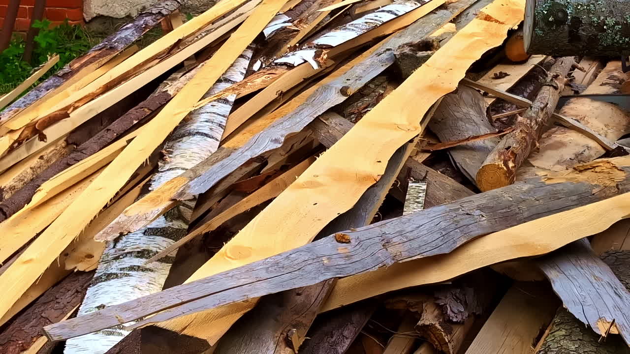 Stack of rough bark-covered slab wood cut from logs at rural sawmill yard