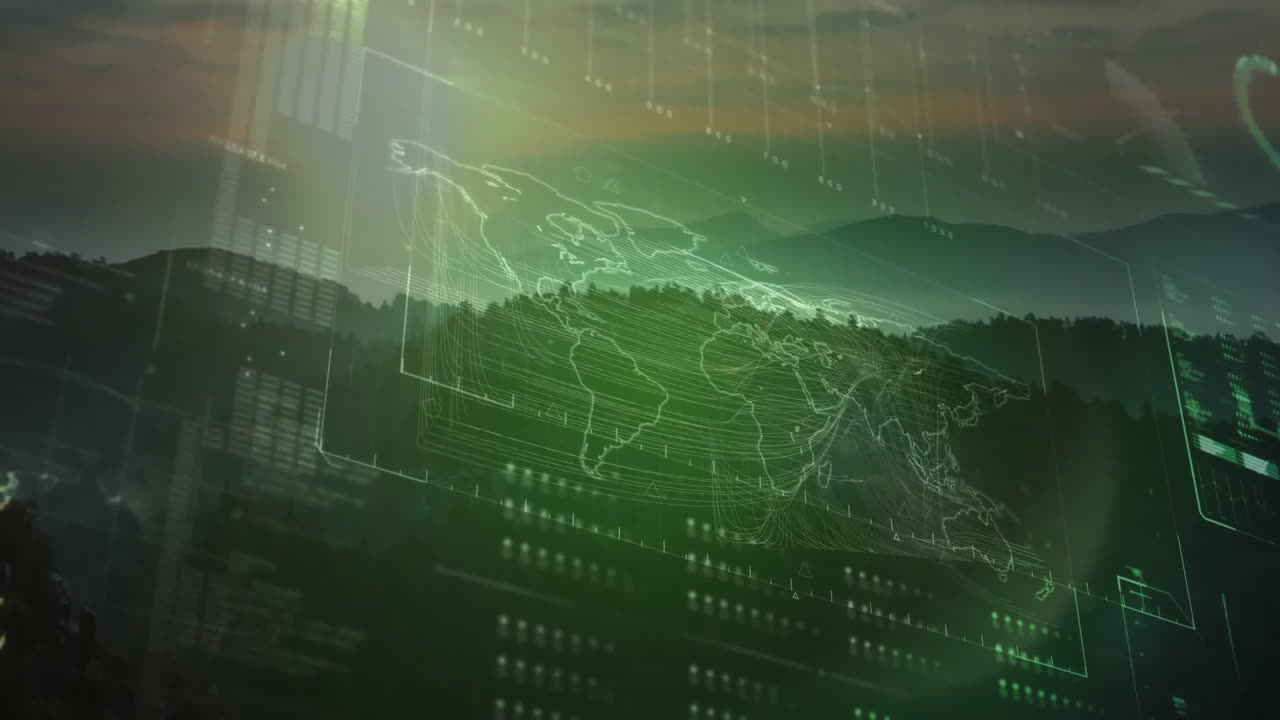 Holographic map floating over mountain ridges, displaying streaming data in green HUD frames