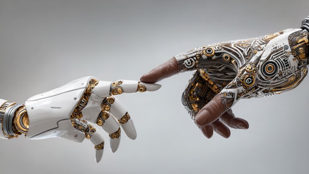 The Intriguing Intersection of Humanity and Technology: A Close-Up of Robotic Hands Reaching Out to Each Other in a Striking Display of Connection and Innovation
