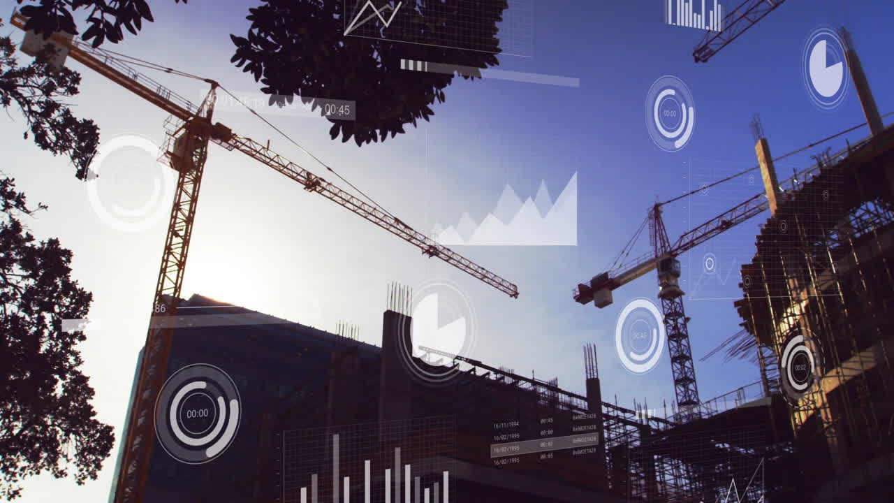 Construction site with cranes and data visualization animation over blue sky