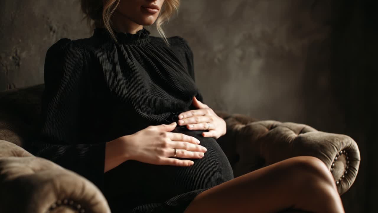A Serene Moment of Anticipation: A Beautiful Portrait of a Pregnant Woman Glowing with Expectation, Captured in Soft Lighting on a Plush Couch