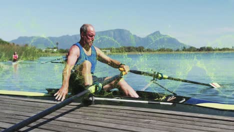 animation of spinning dna strand over caucasian senior man in kayak