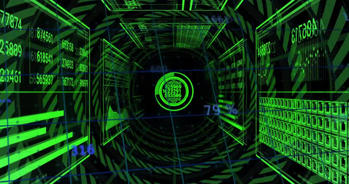 Opening wireframe tunnel, camera moving forward, panels swinging, HUD updating, visualizing data