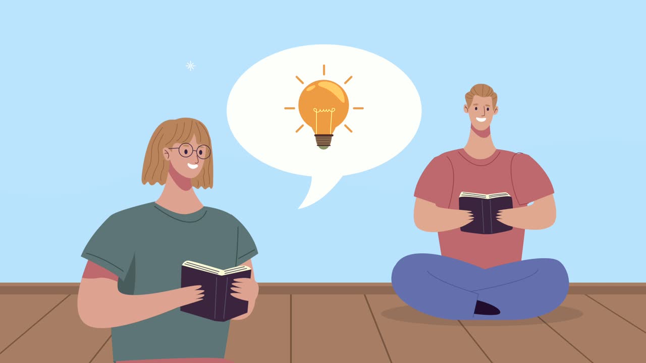 pareja de estudiantes leyendo libros y bombillas