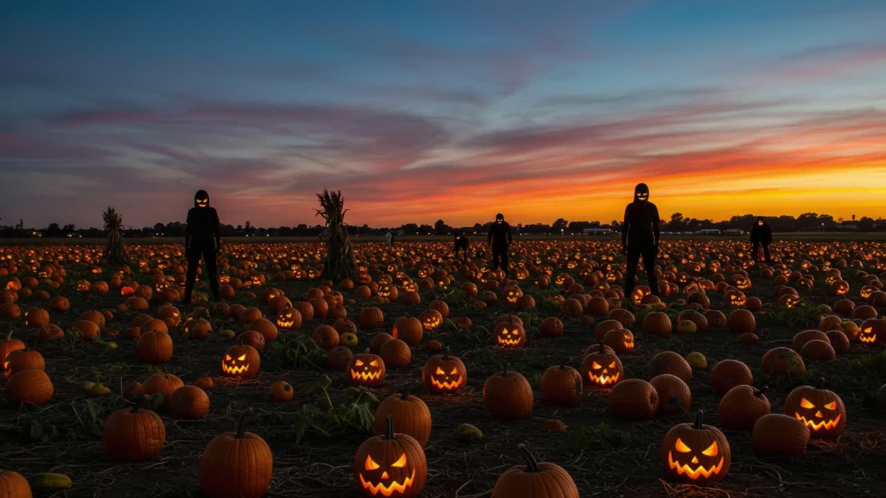 A Chilling Halloween Scene: Eerie Figures and Jack-o'-Lanterns Illuminate a Pumpkin Field Under a Twilight Sky
