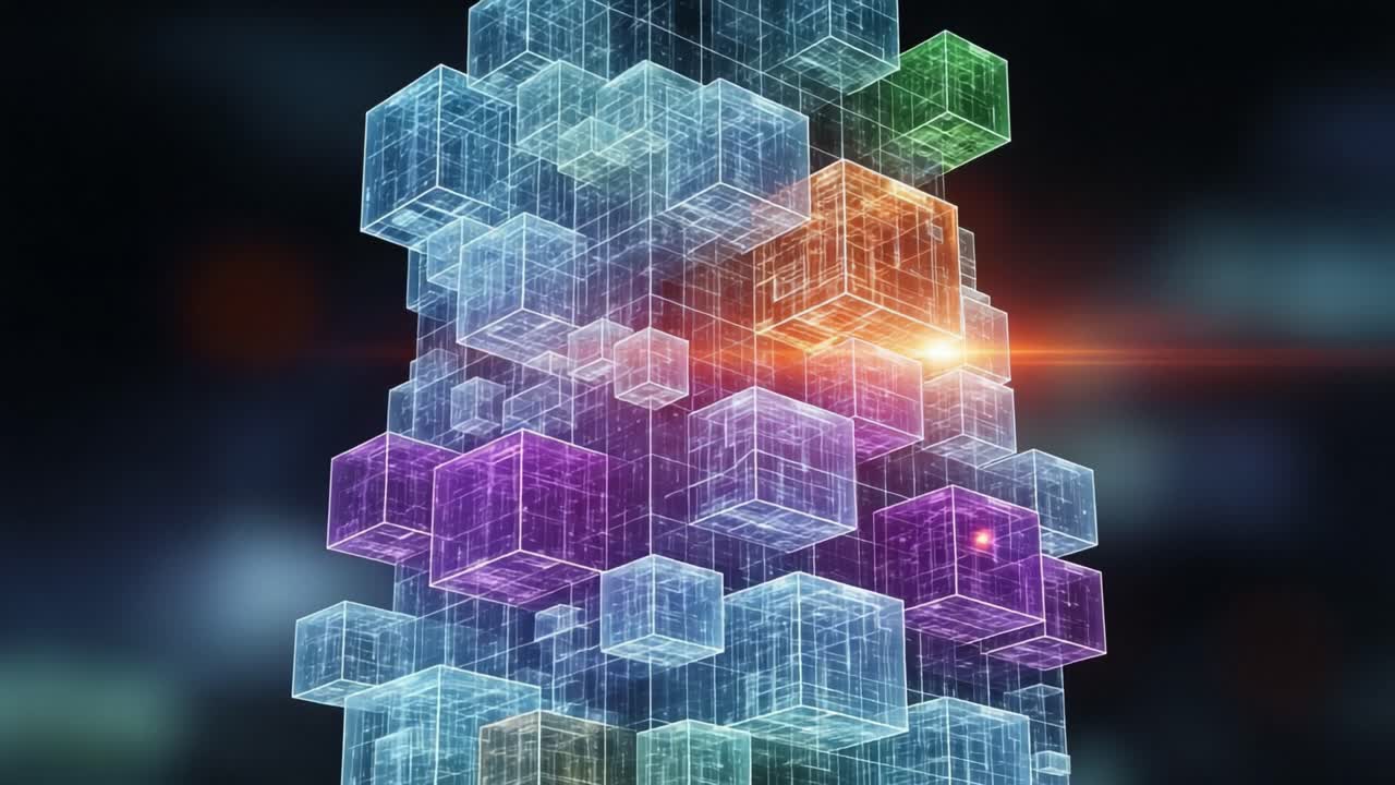 An Intricate Structure of 3D Transparent Cubes Illuminated by a Radiant Glow, Showcasing the Beauty of Digital Design and Abstract Art in a Virtual Environment