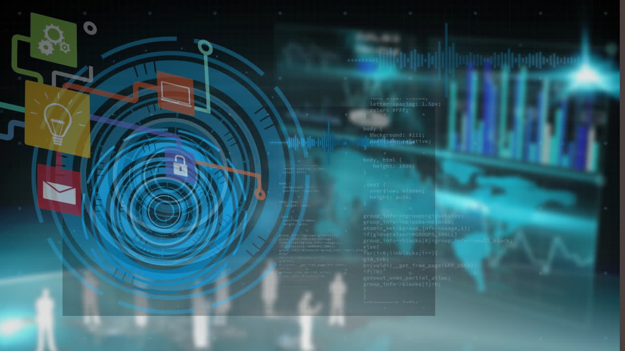animación de iconos tecnológicos sobre diversos datos en pantallas digitales