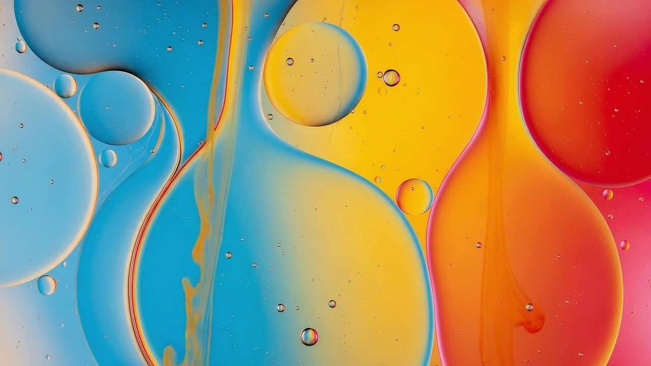 A Vibrant Dance of Colors: Exploring the Fluidity and Elegance of Oil and Water Interactions Through a Kaleidoscope of Blue, Yellow, and Red Hues