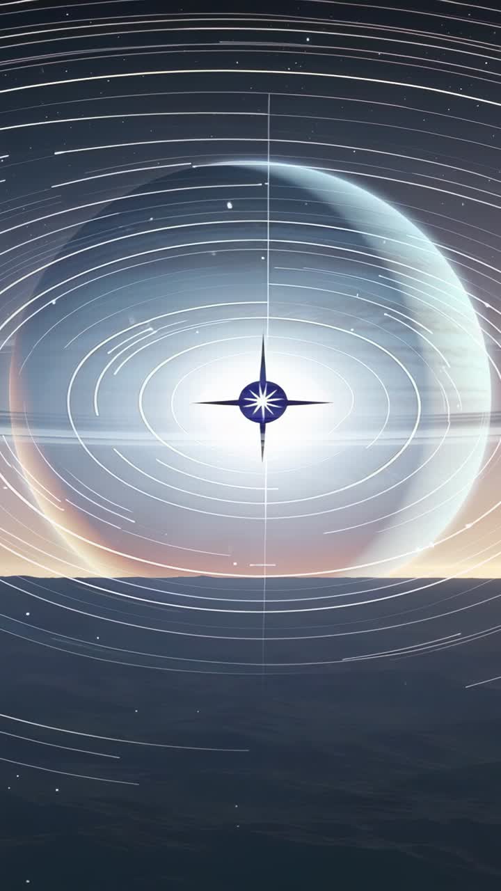 Vertical video: Expanding orb revealing compass star fading over seascape with rotating rings