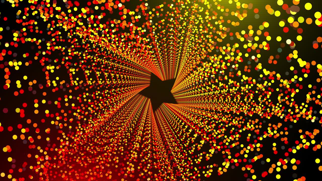Tunnel a forma di stella con molte particelle circolari luminose nello spazio, sfondo astratto generato al computer, rendering 3D.