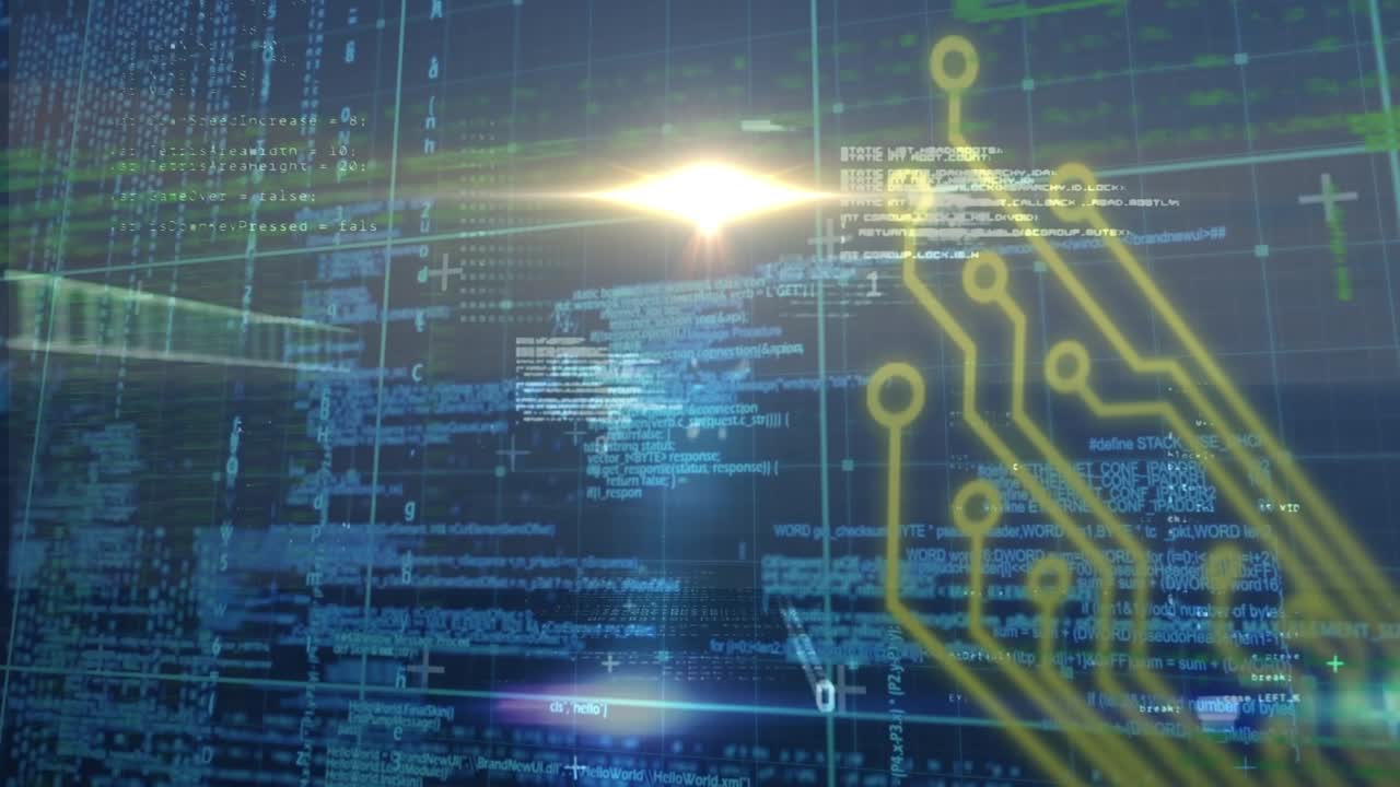 Animation of light trails and computer circuit board over data processing