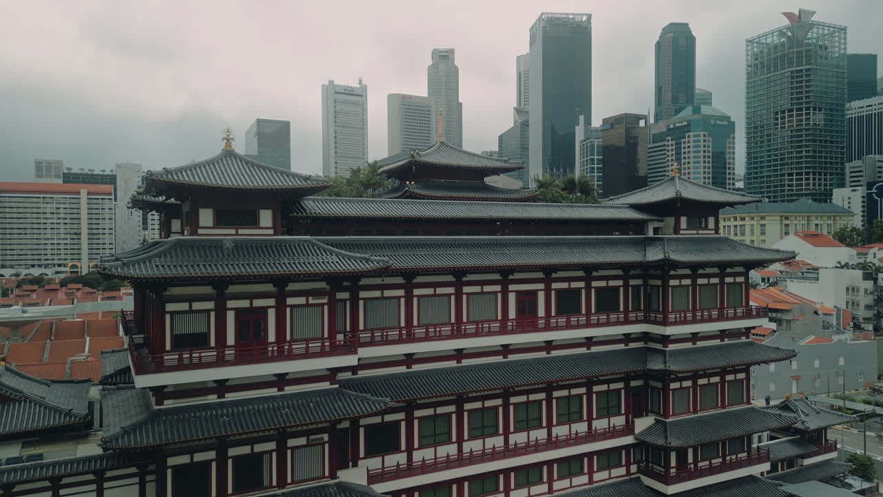 Singapore Buddhist Temple with Skyscrapers in the Background