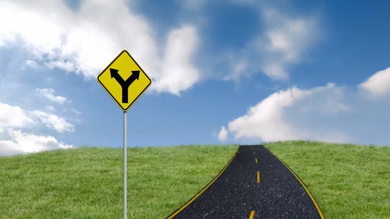 Animation of road sign and road on blue background