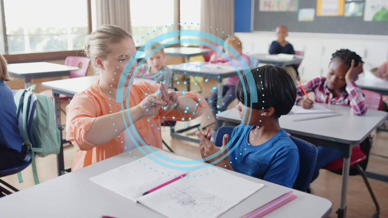 Female teacher reaching hands, teaching numbers with blue overlay, student copying in classroom