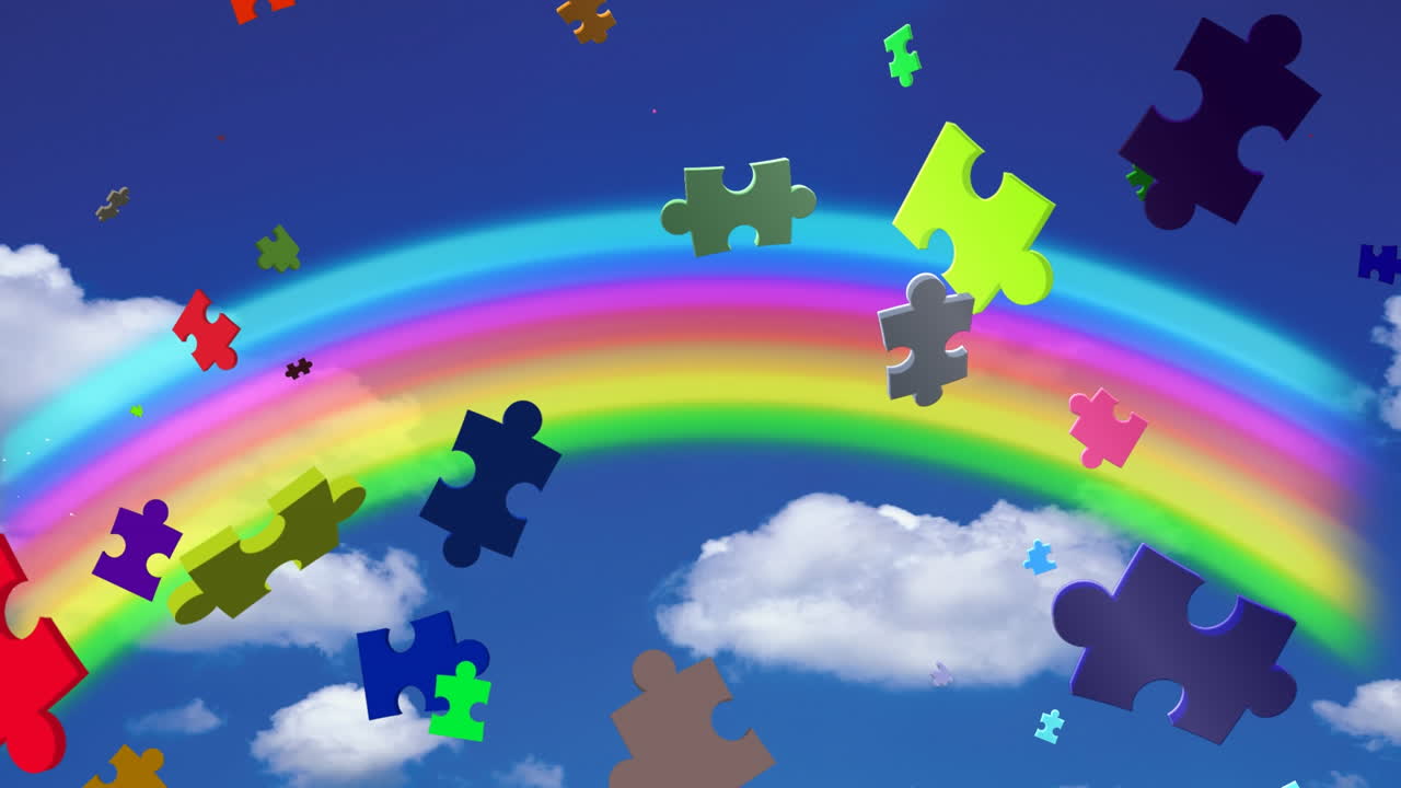 animación de rompecabezas flotando sobre el cielo y el arco iris