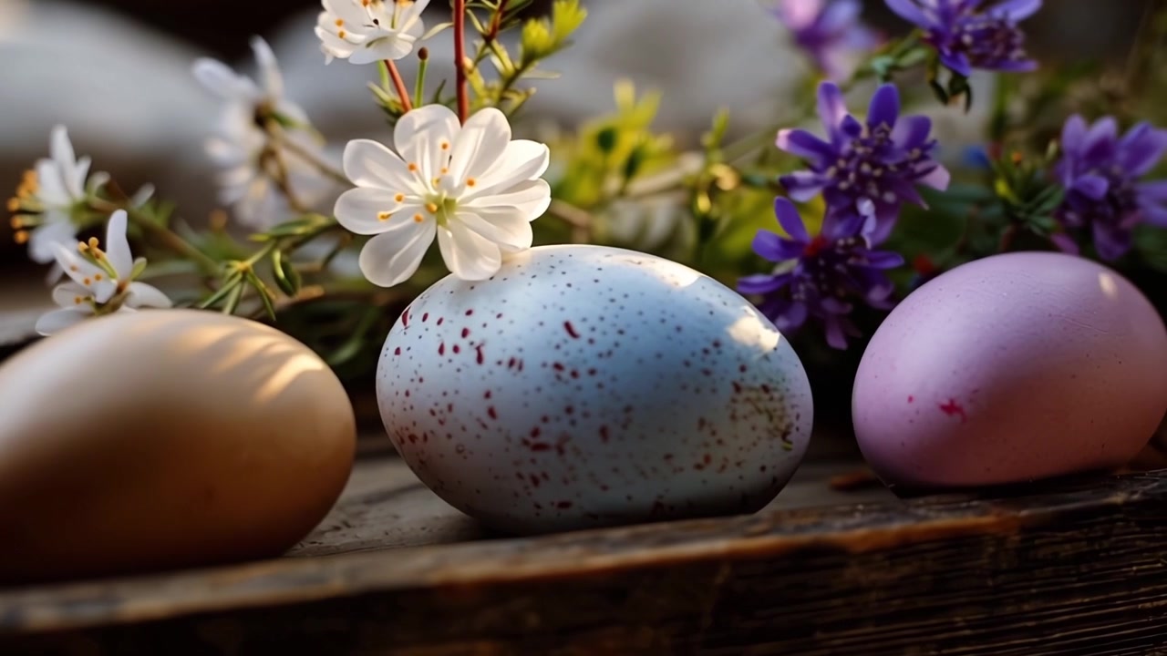 Colorful Easter Eggs and Spring Flowers in a Rustic Wooden Tray