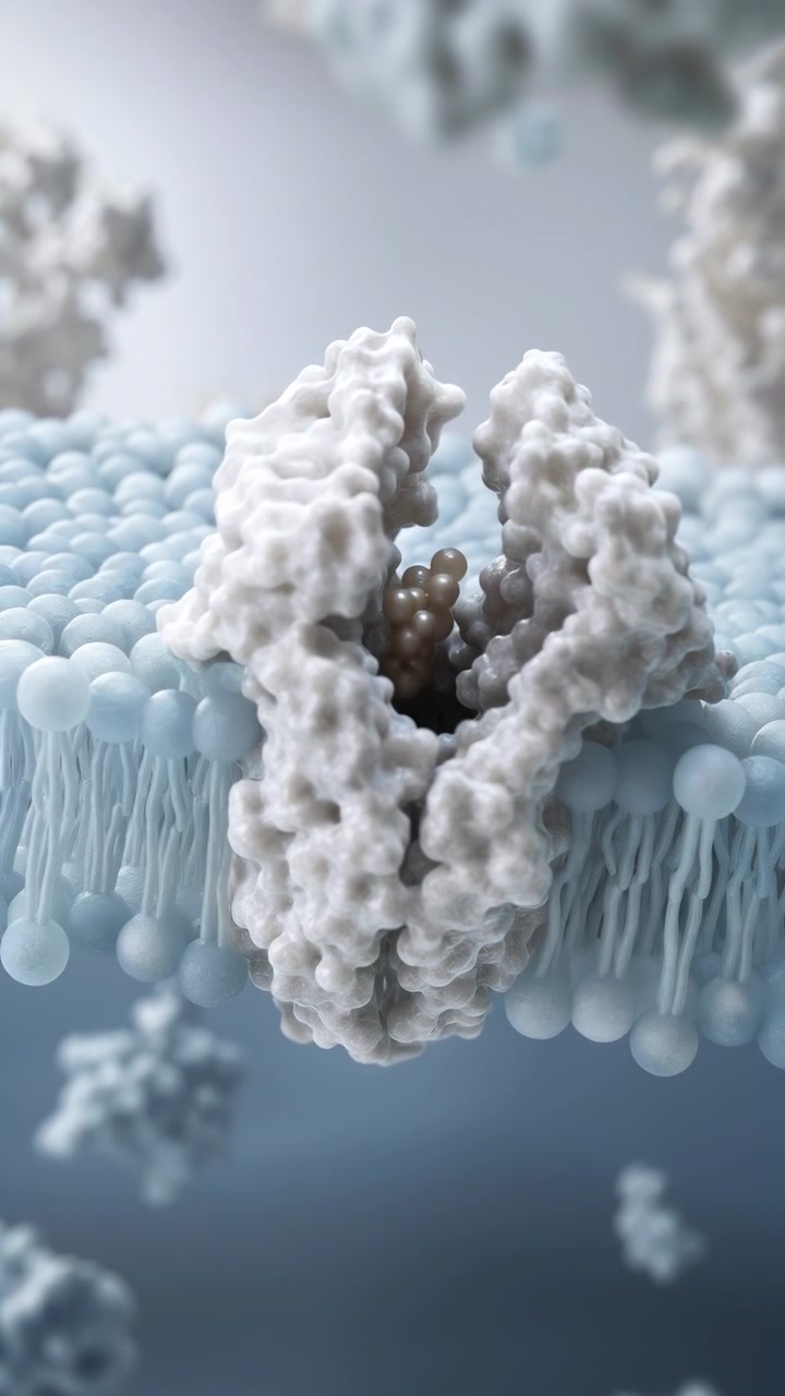 Una struttura biomolecolare bianca incorporata in una morbida membrana blu restringe la sua apertura centrale mentre sfere beige si depositano più in profondità all'interno, con le molecole circostanti sfocate su uno sfondo minimale freddo.