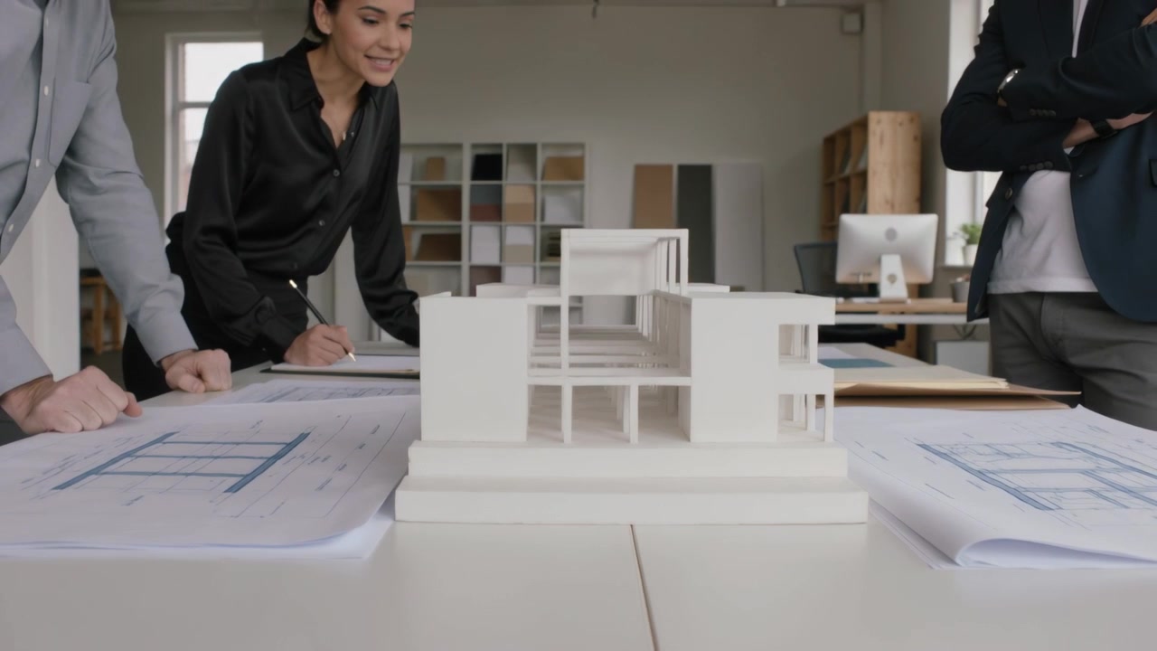 Uomo che indica e avvia una revisione a un tavolo da studio, team aziendale che prende appunti accanto a un modello bianco e a progetti.