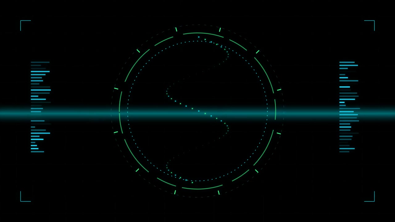 Interface Digital Futurista com Forma de Onda Rotativa e Scanners de Dados