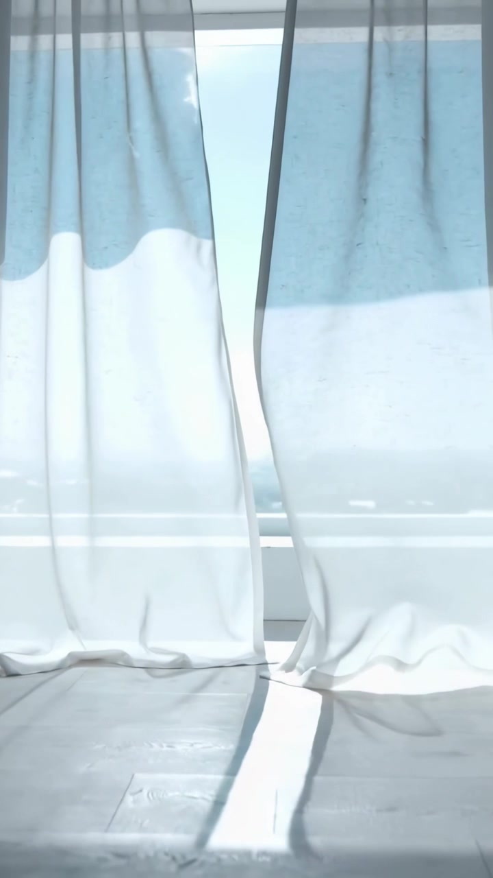 Vertical video: Swaying sheer curtains in sunlit room, moving from window breeze and casting light