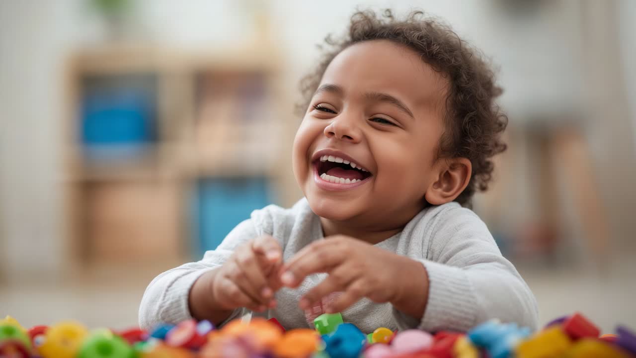Criança alcançando um brinquedo, vestindo blusa de manga comprida cinza, com o olhar fixo em uma pilha de brinquedos em casa e segurando um bloco amarelo