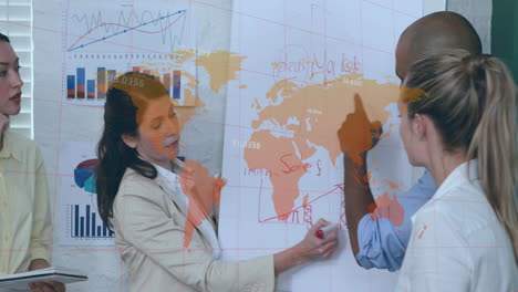 animation of world map with data processing over diverse business people having meeting at office