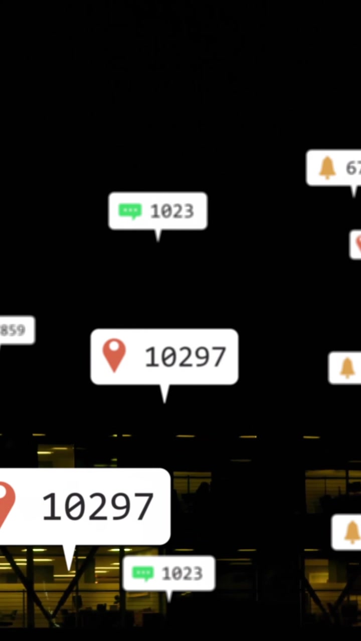 Animation of social media icons with numbers over office building