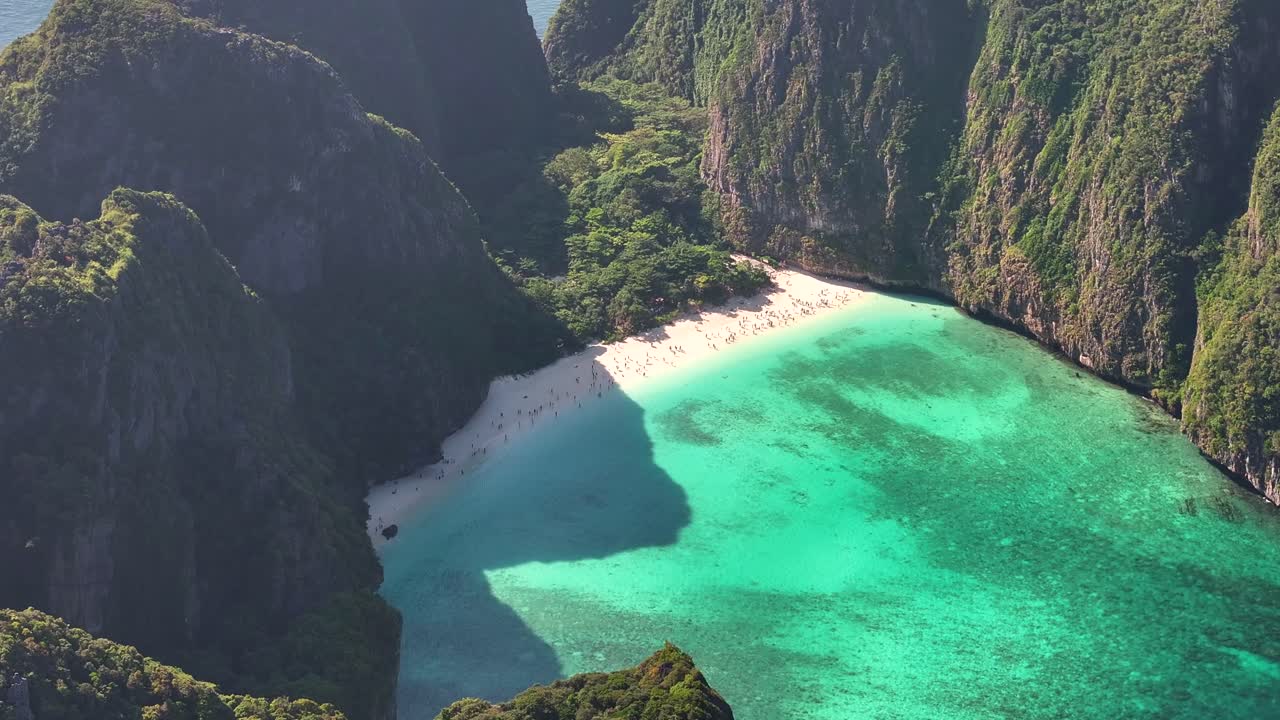 The Beach, Maya Bay, drone close up of famous tourist attraction in Thailand, beautiful day.