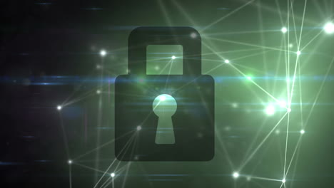 digital animation of glowing network of connections over security padlock icon on green background