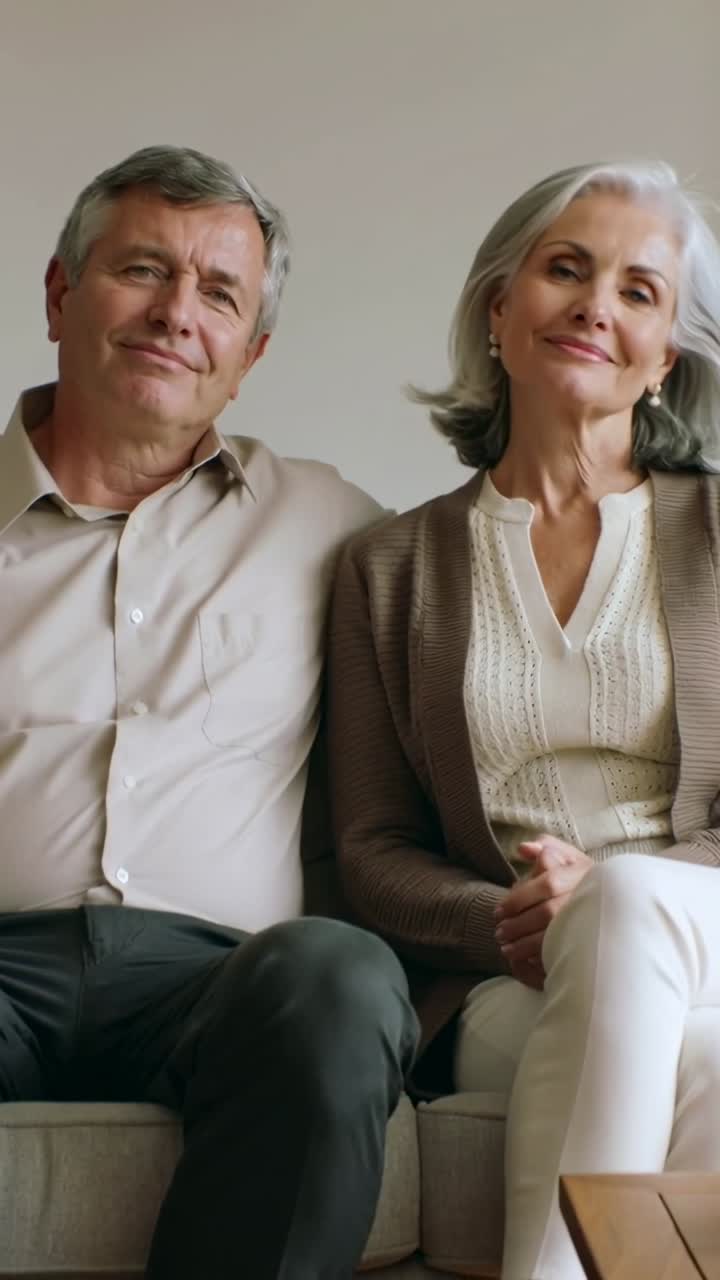 Vídeo vertical: reação ao enquadramento mais fechado, casal de idosos se inclinando para dentro e fechando os olhos no sofá