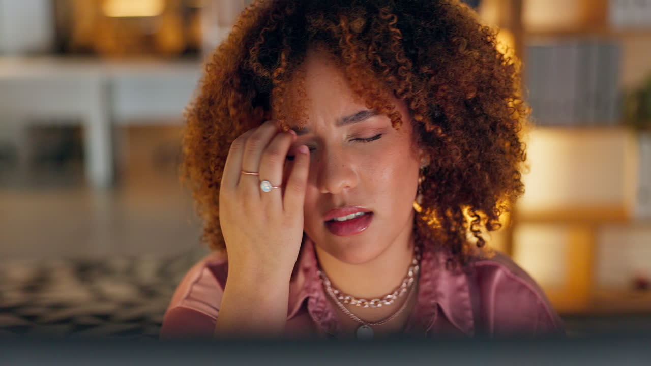 Black woman, headache and pain with burnout