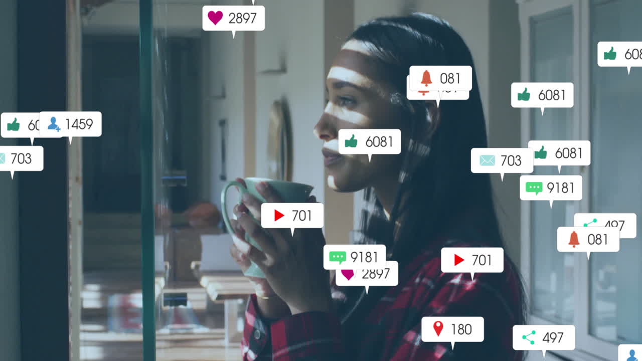 Animation of social media data processing over biracial woman drinking tea