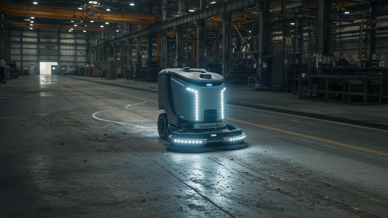 Automated Floor Cleaning Robot in an Industrial Setting: Efficiently Removing Dirt and Debris with Advanced Technology and LED Lighting for Enhanced Visibility and Safety