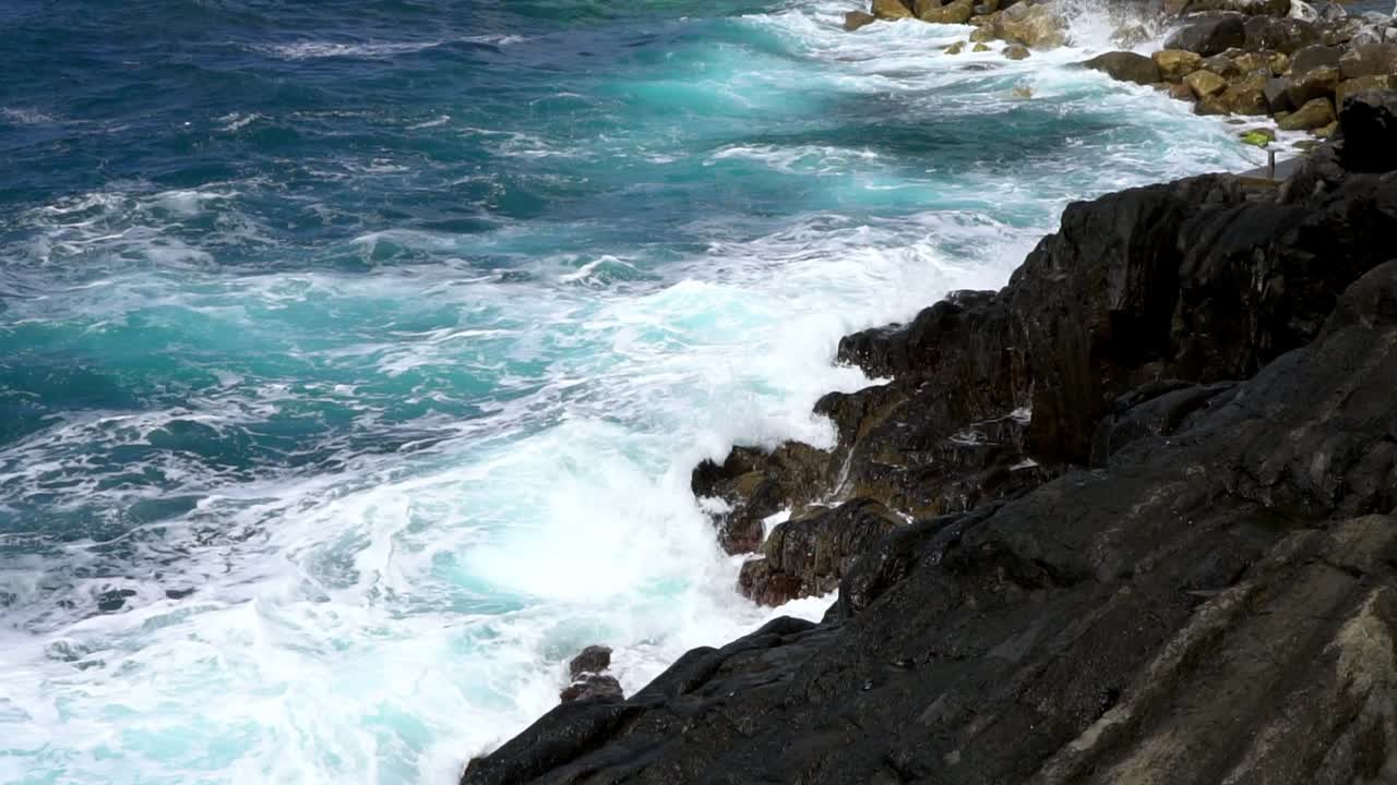Dramatic Rocky Coastlines With Rough Waves In The Cinque Terre Region Of Italy. Slow Motion Shot