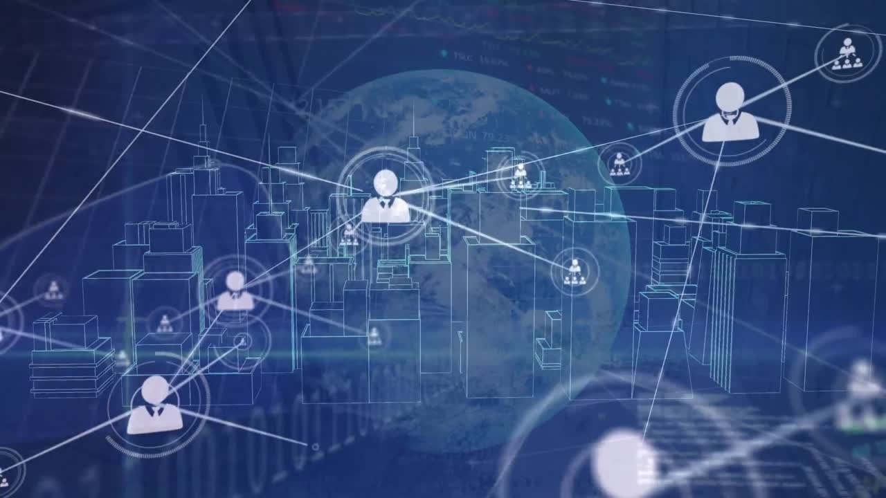 Animation of connected icons, binary codes, trading board, computer language, globe and city model