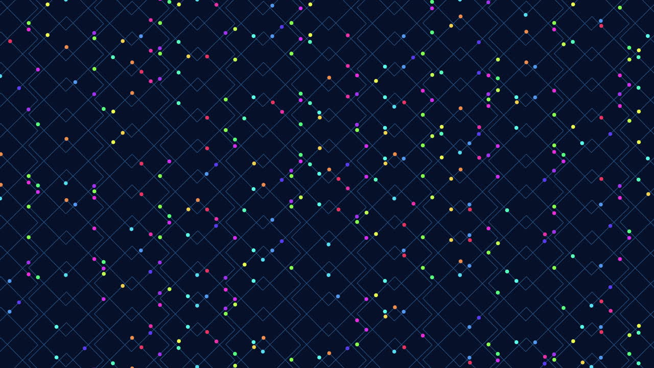 Modello astratto senza interruzioni con piccoli punti colorati in tonalità blu, verde e viola su sfondo scuro, che formano un design a griglia uniforme