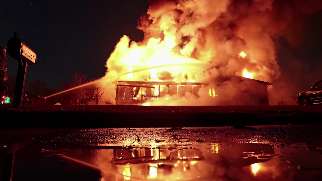 House fully engulfed in flames as firefighters spray water at night