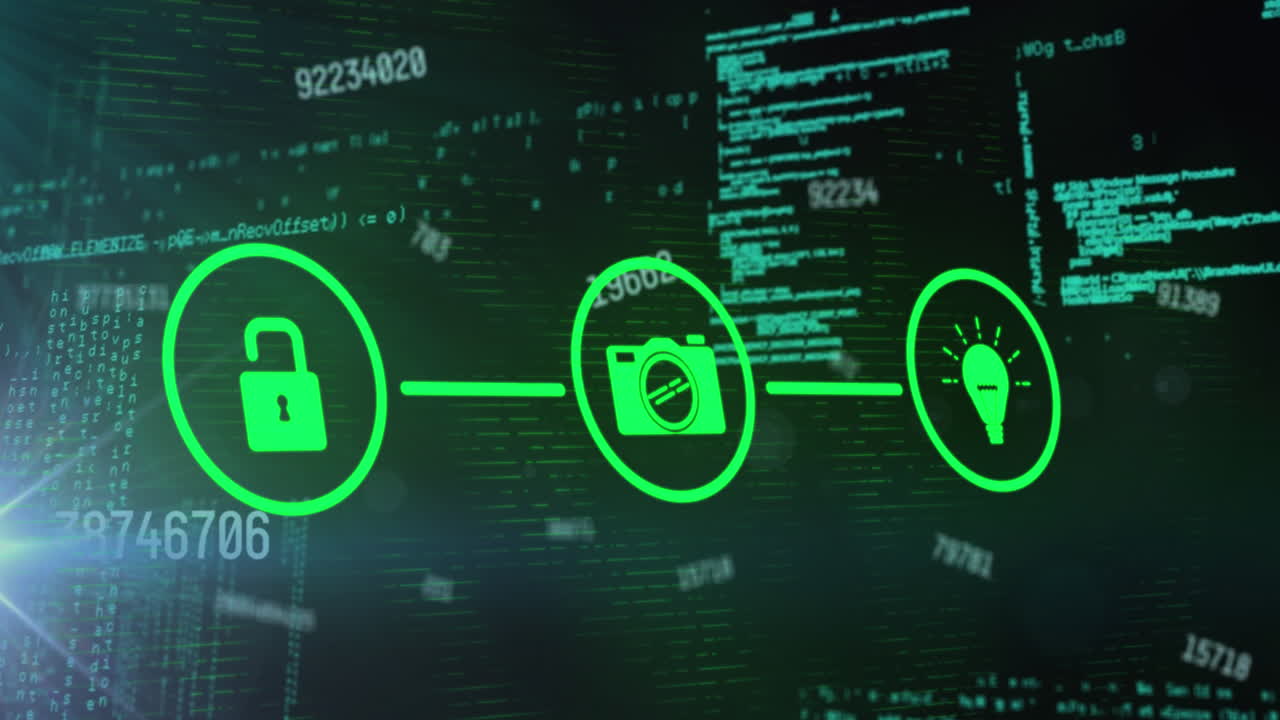 animación de la red de conexiones con iconos y procesamiento de datos sobre fondo negro