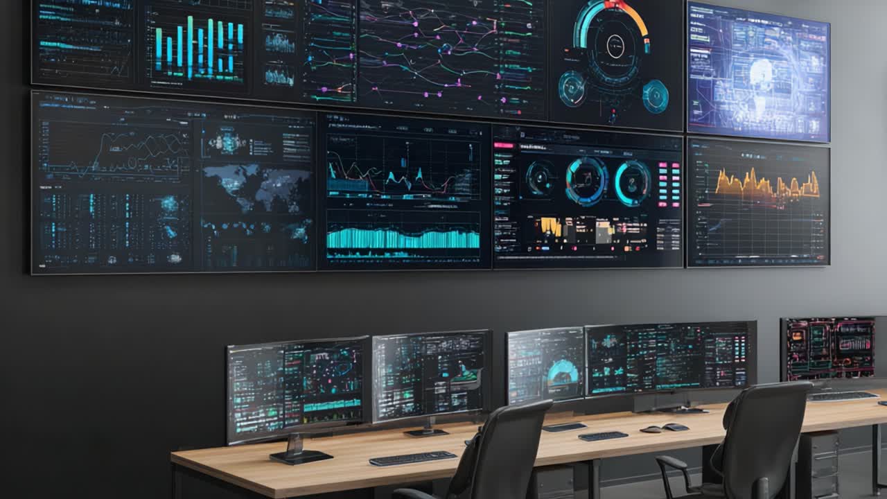 Una sala di controllo ad alta tecnologia piena di display futuristici, che analizza dati, monitora le metriche di performance e supporta il processo decisionale in tempo reale nelle operazioni moderne.