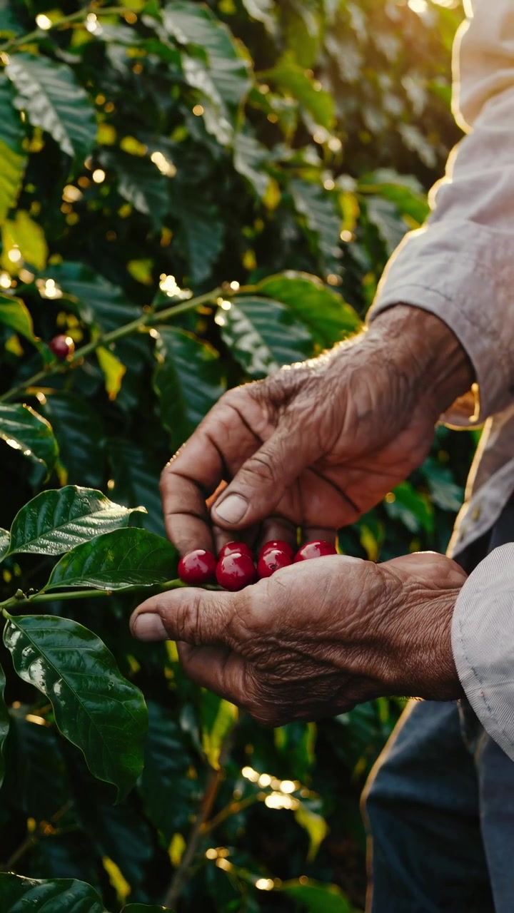 Close-up das Mãos de um Agricultor Colhendo Cerejas de Café Vermelhas em uma Plantação