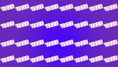 animation of vogue text in lilac on white, repeated and moving on purple background