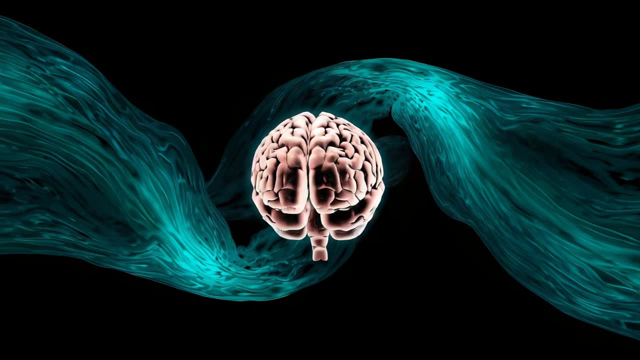Rendering engine initiating brain rotating in void, with flowing teal streams illustrating anatomy