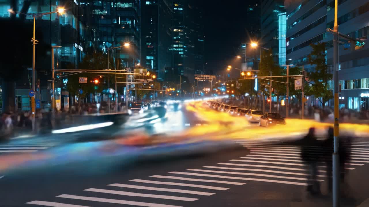 Un paesaggio urbano notturno dinamico: che cattura il flusso vibrante del traffico e dei pedoni tra le luci della città e l'effetto mosso in una vivace scena di incrocio.