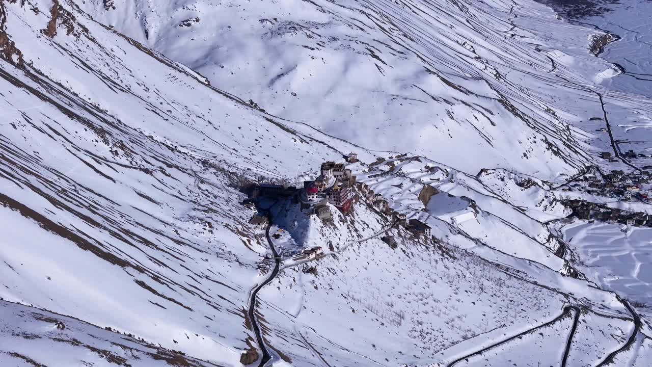 Snowy Mountain Village with Monastery in Ladakh, India