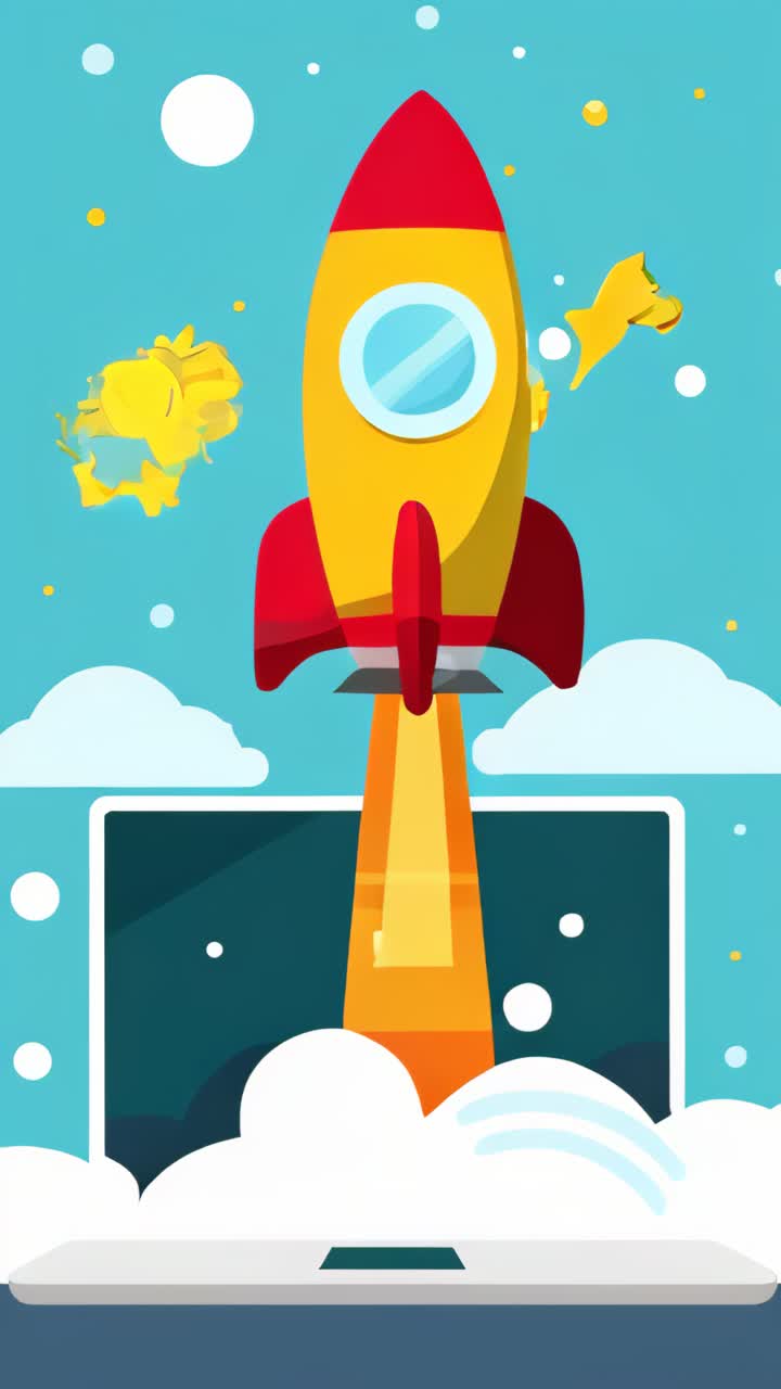 A yellow rocket is launching into the sky, with a laptop screen showing the launch