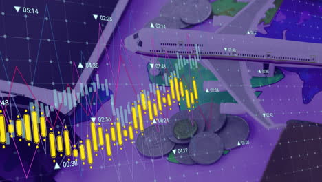 animación del procesamiento de datos financieros sobre modelo plano y monedas