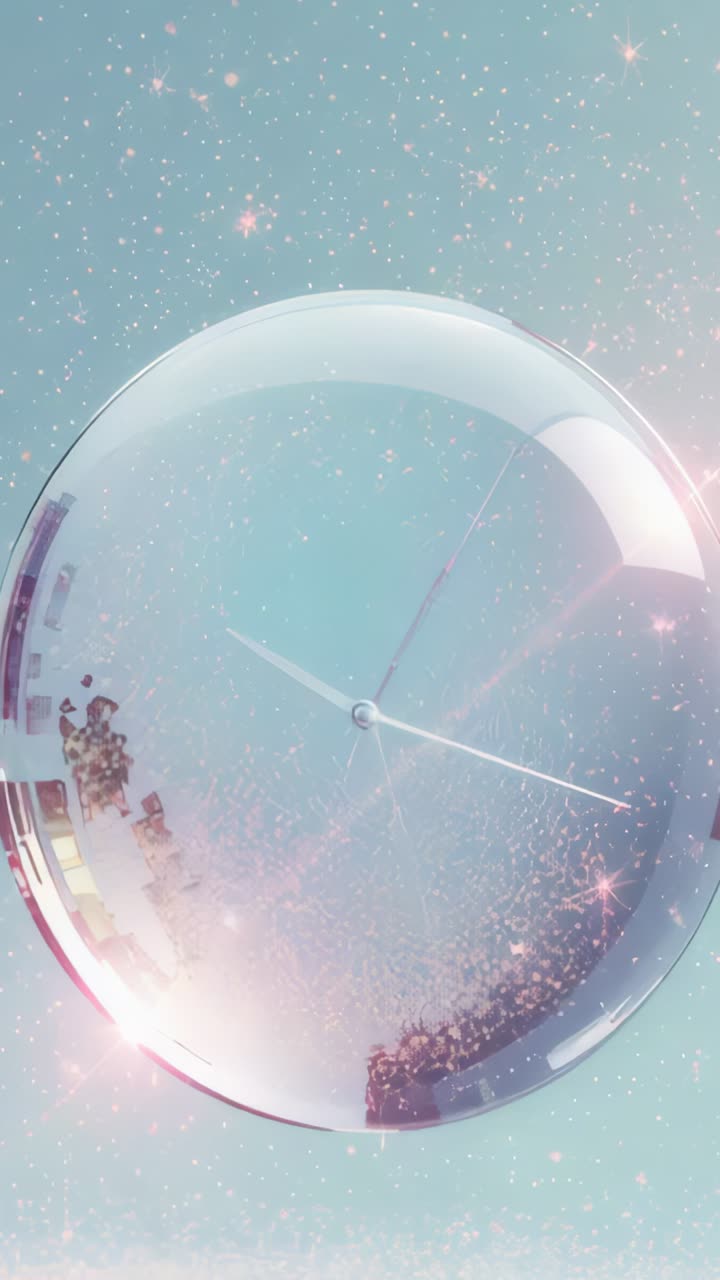 Vertical video: Camera panning clock sphere sparkling then droplet emerging from liquid in teal sky